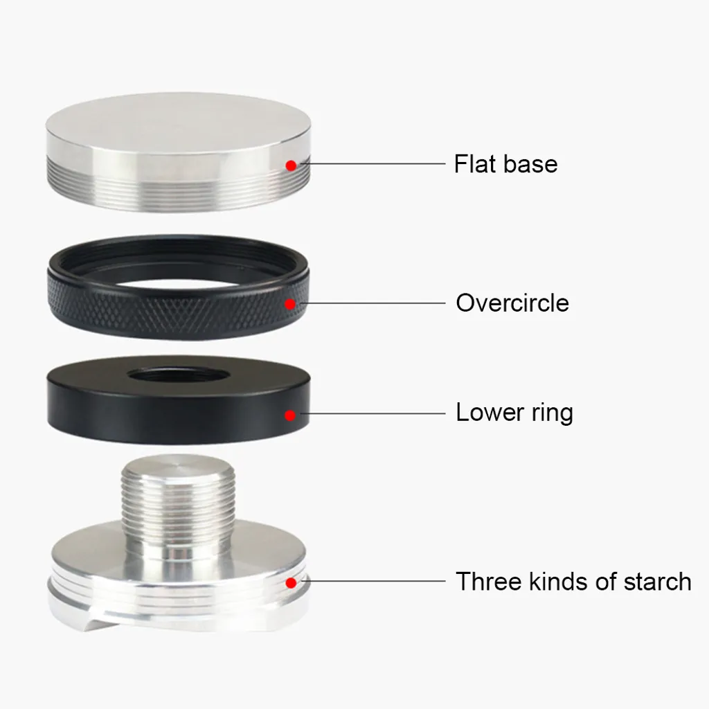 Explodierte Ansicht eines Kaffeefilterhalters mit flacher Basis, Überkreis und unterem Ring.