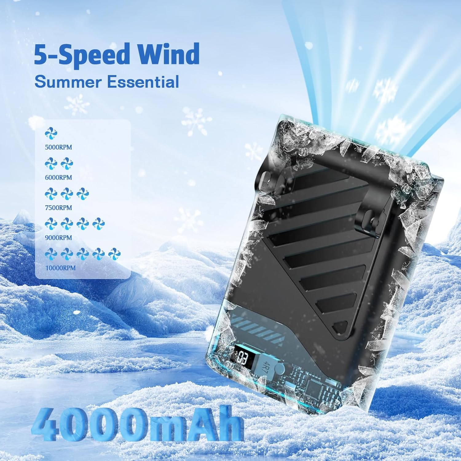 Schwarzer Lüfter mit Eis bedeckt, auf Schnee, 5 Geschwindigkeiten, 4000mAh.