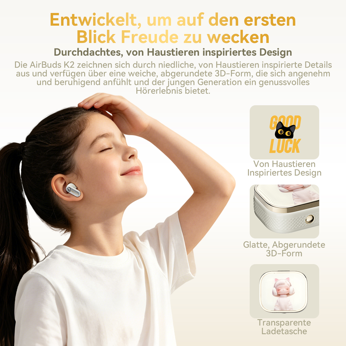 Ein Mädchen mit Kopfhörern lächelt, daneben AirBuds K2 mit Tiermotiv.