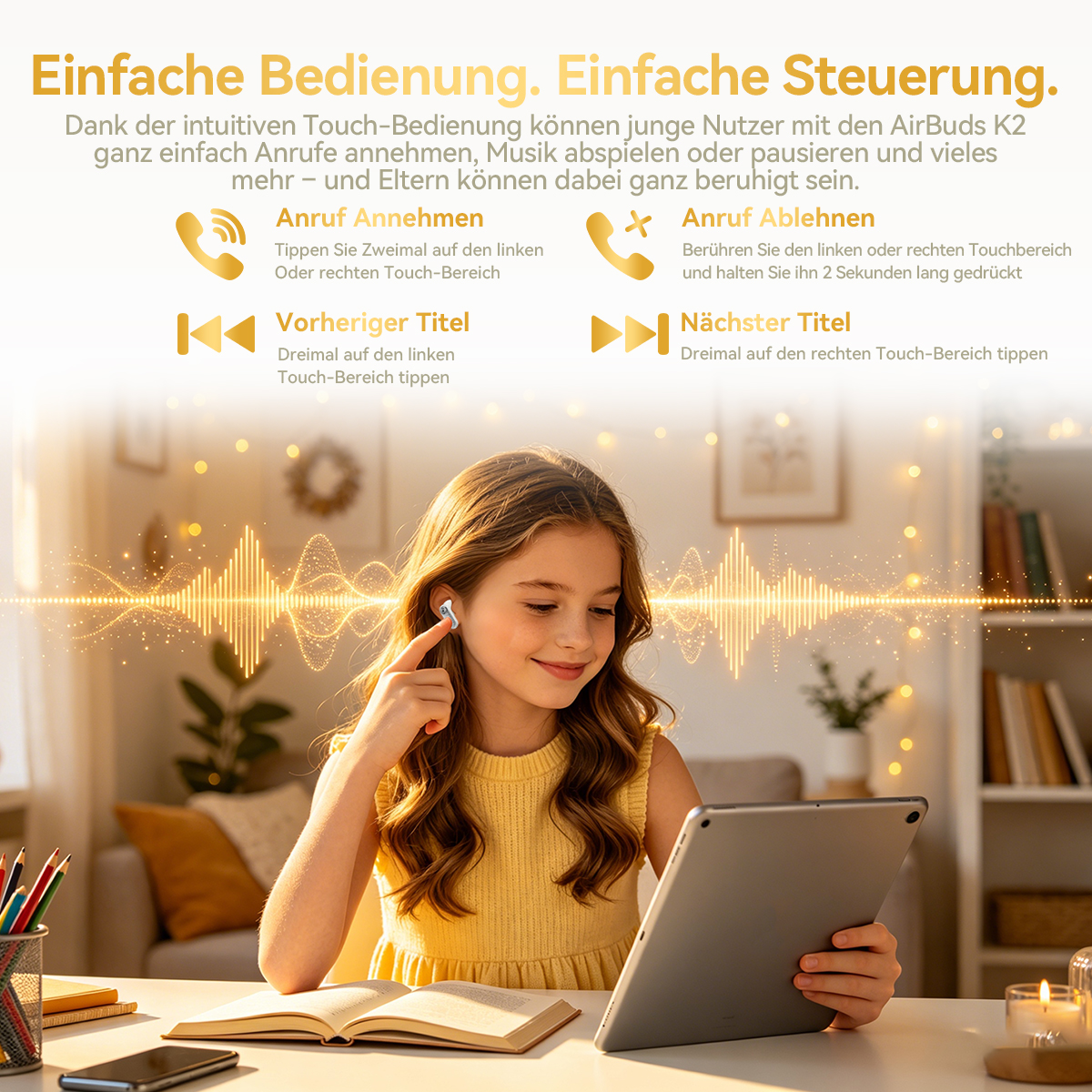 Mädchen mit Kopfhörern und Tablet, Grafiken zeigen Audio-Wellen und Steuerungssymbole.