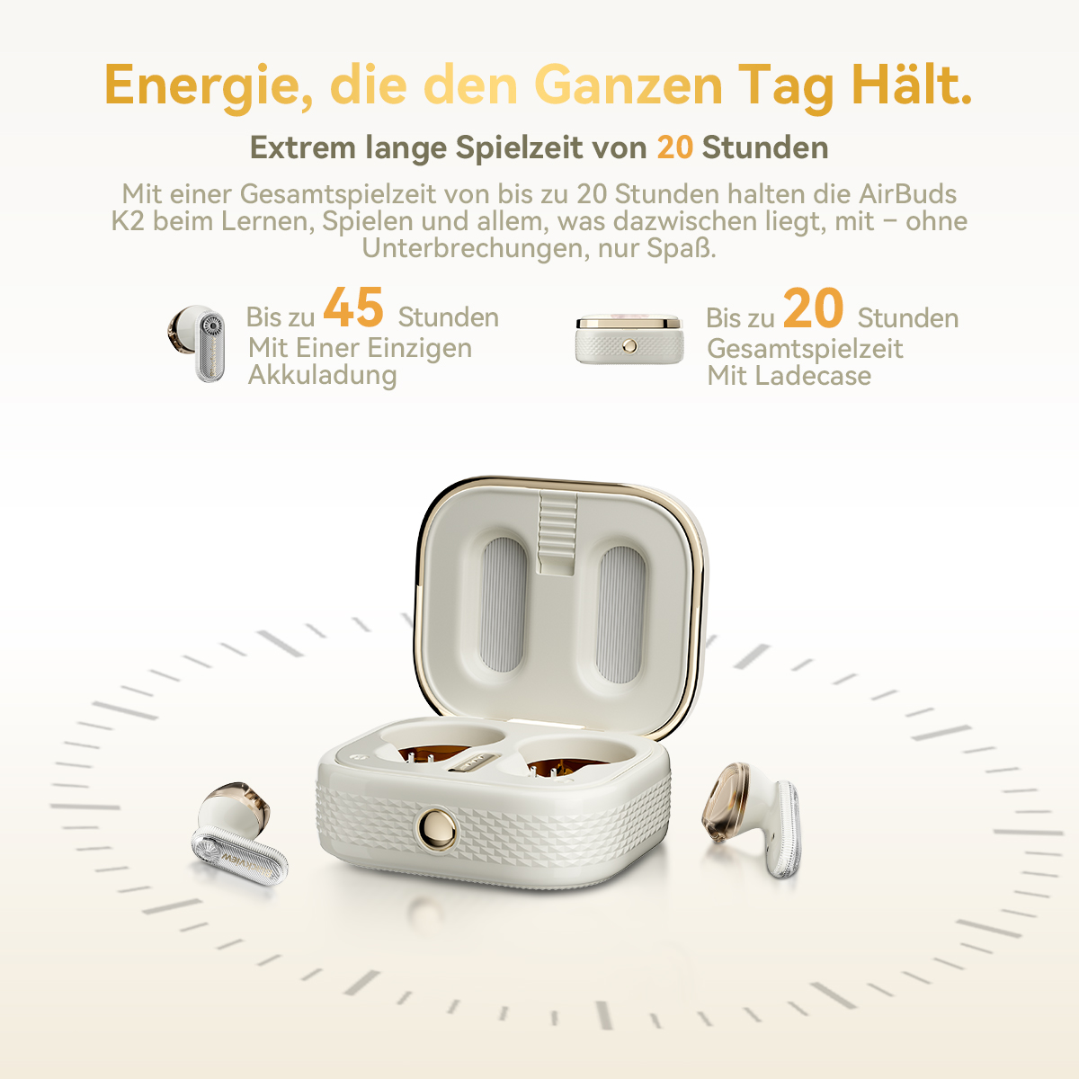Weiße AirBuds K2 mit Ladecase, 45 Std. Akkulaufzeit, 20 Std. Gesamtspielzeit.