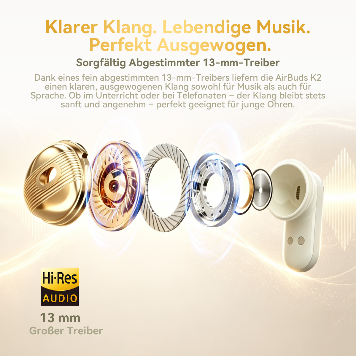 Explodierte Ansicht eines Kopfhörers mit 13mm Treiber. Gold und weiß.