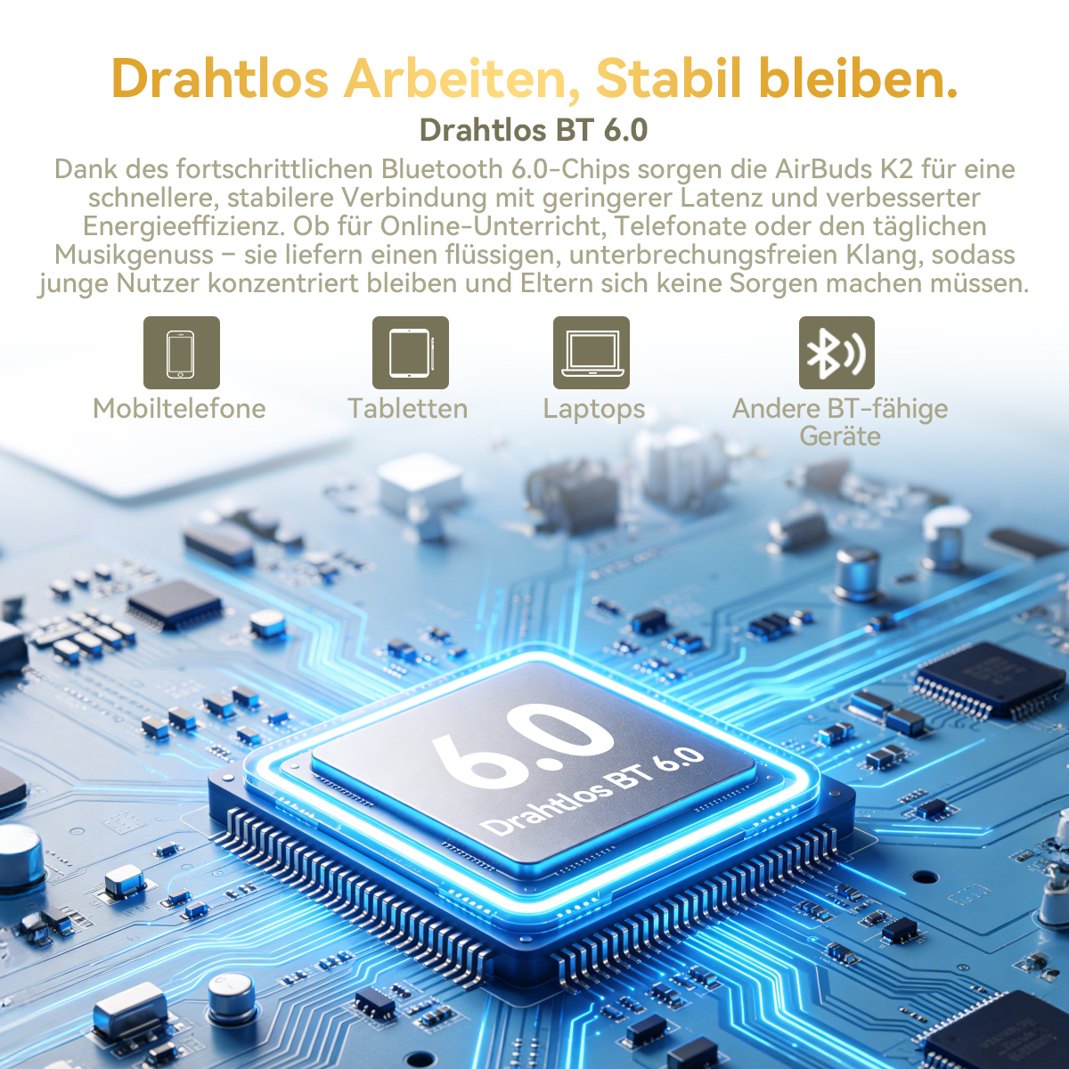 Nahaufnahme einer Computerplatine mit einem leuchtenden blauen Chip, der 6.0 anzeigt.