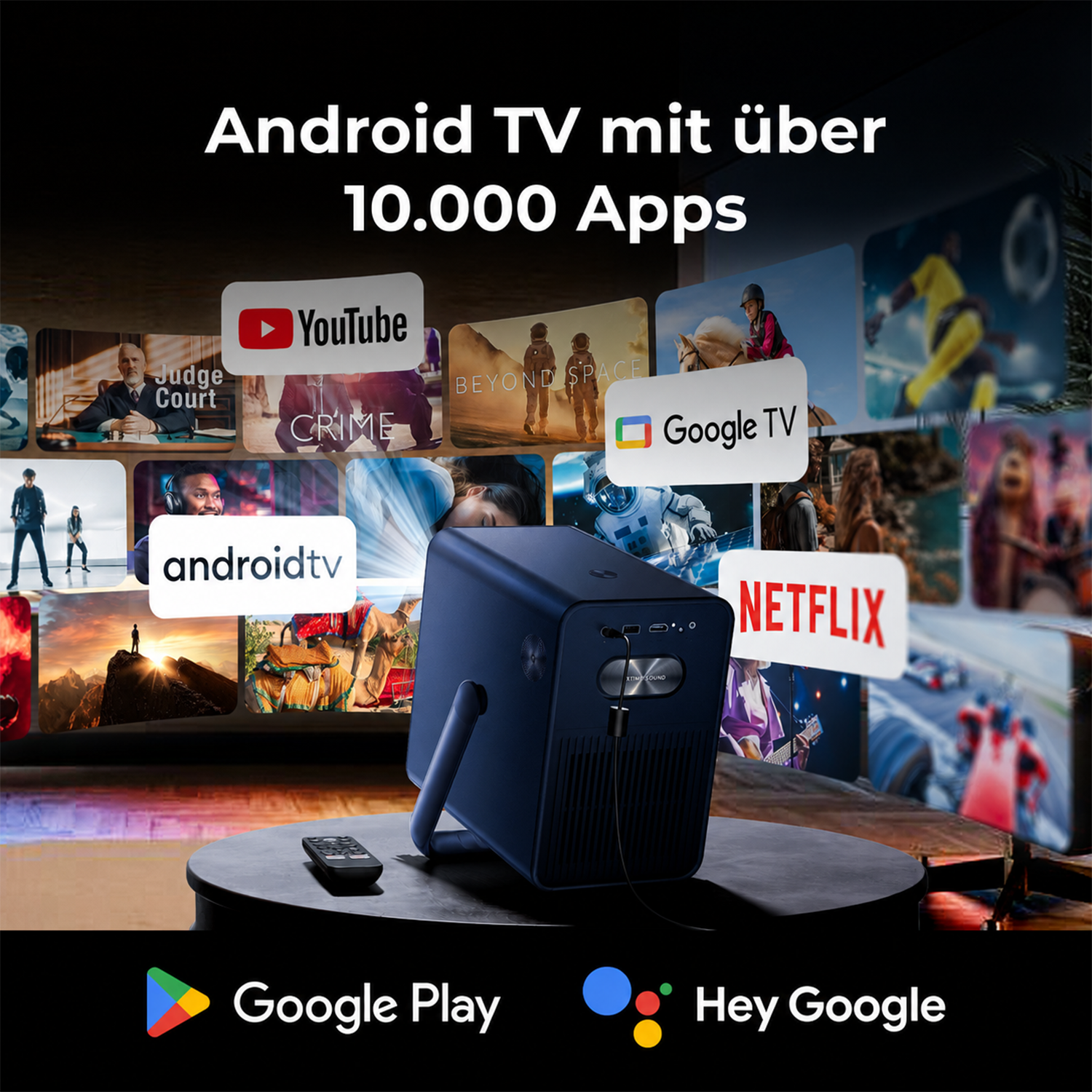 Ein blauer Android TV Projektor mit Fernbedienung, umgeben von App-Logos.