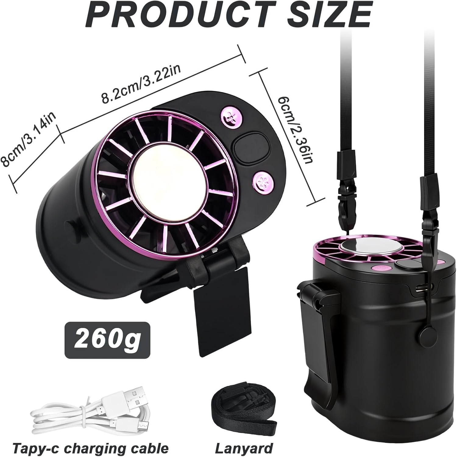 Produktgröße: Schwarzer Lüfter mit rosa Akzenten, Lanyard, Kabel, 260g.