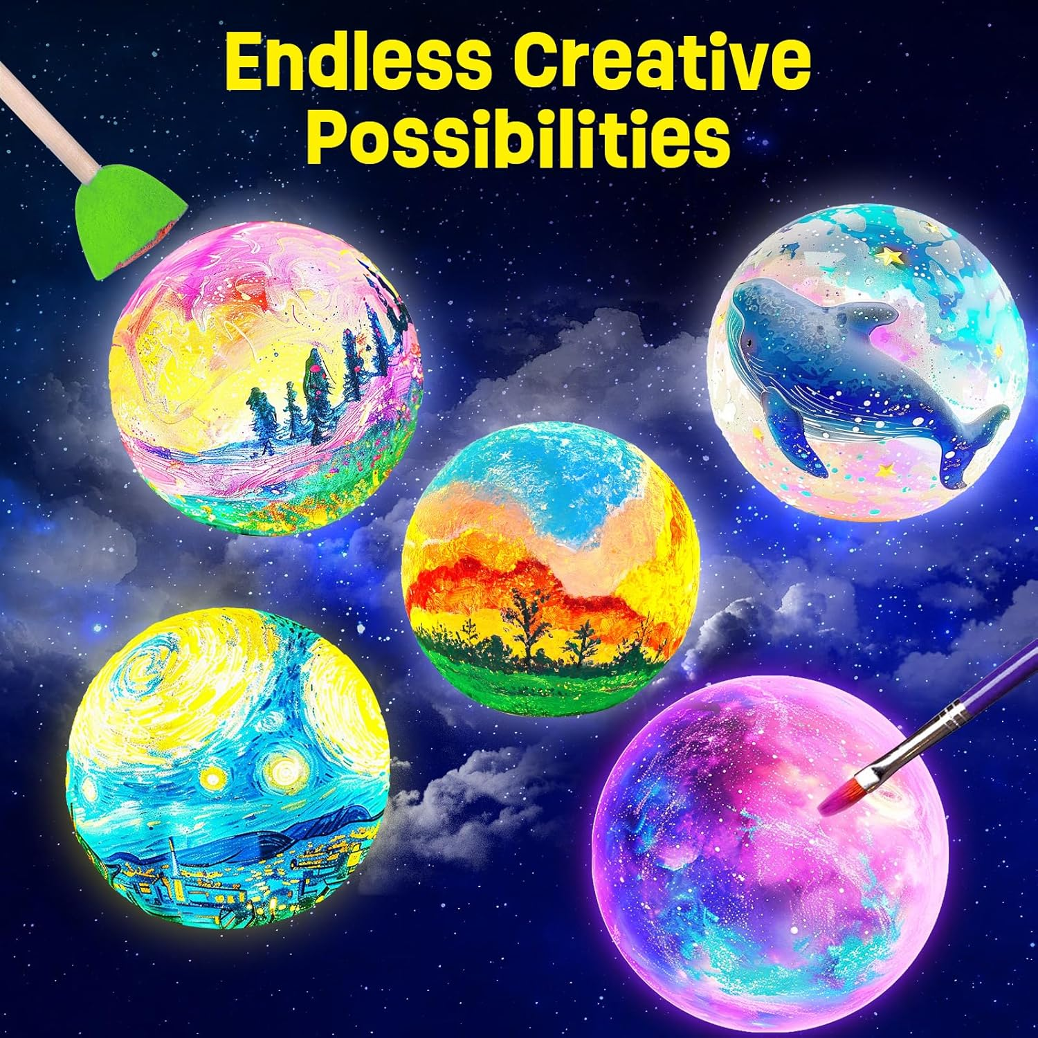 Bunte Planeten mit Kunstwerken, die mit einem Pinsel und einem Schwamm erstellt wurden.