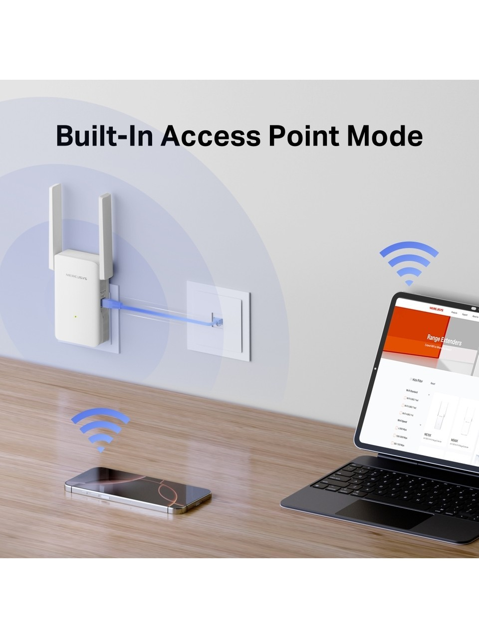 Un ripetitore Wi-Fi bianco collegato a una presa a muro, connesso a un tablet e un telefono.