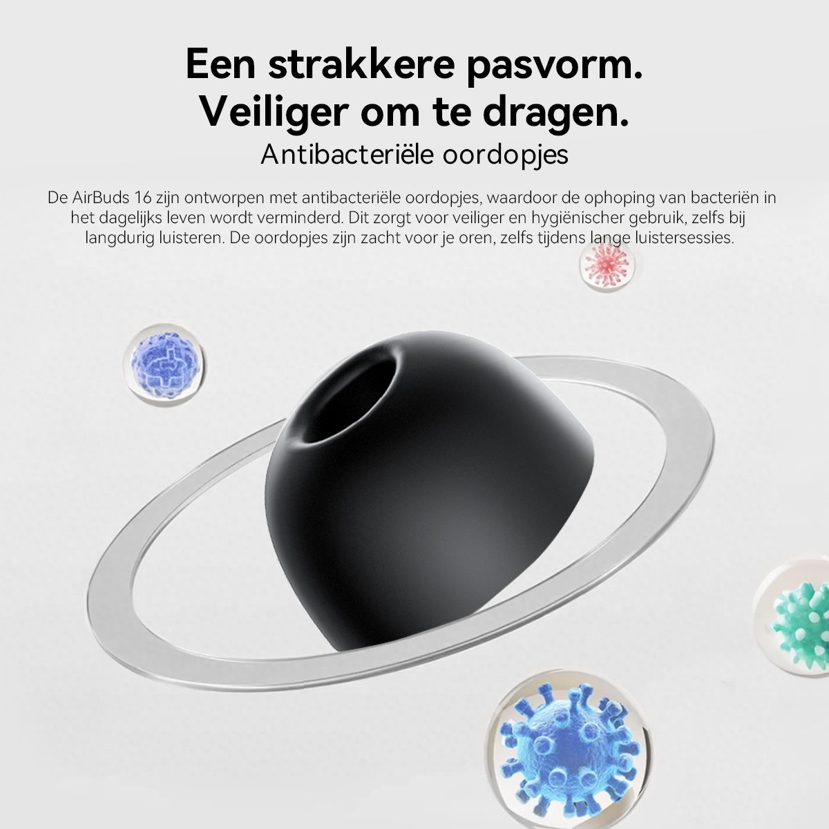 Een zwarte oordop met antibacteriële symbolen eromheen.