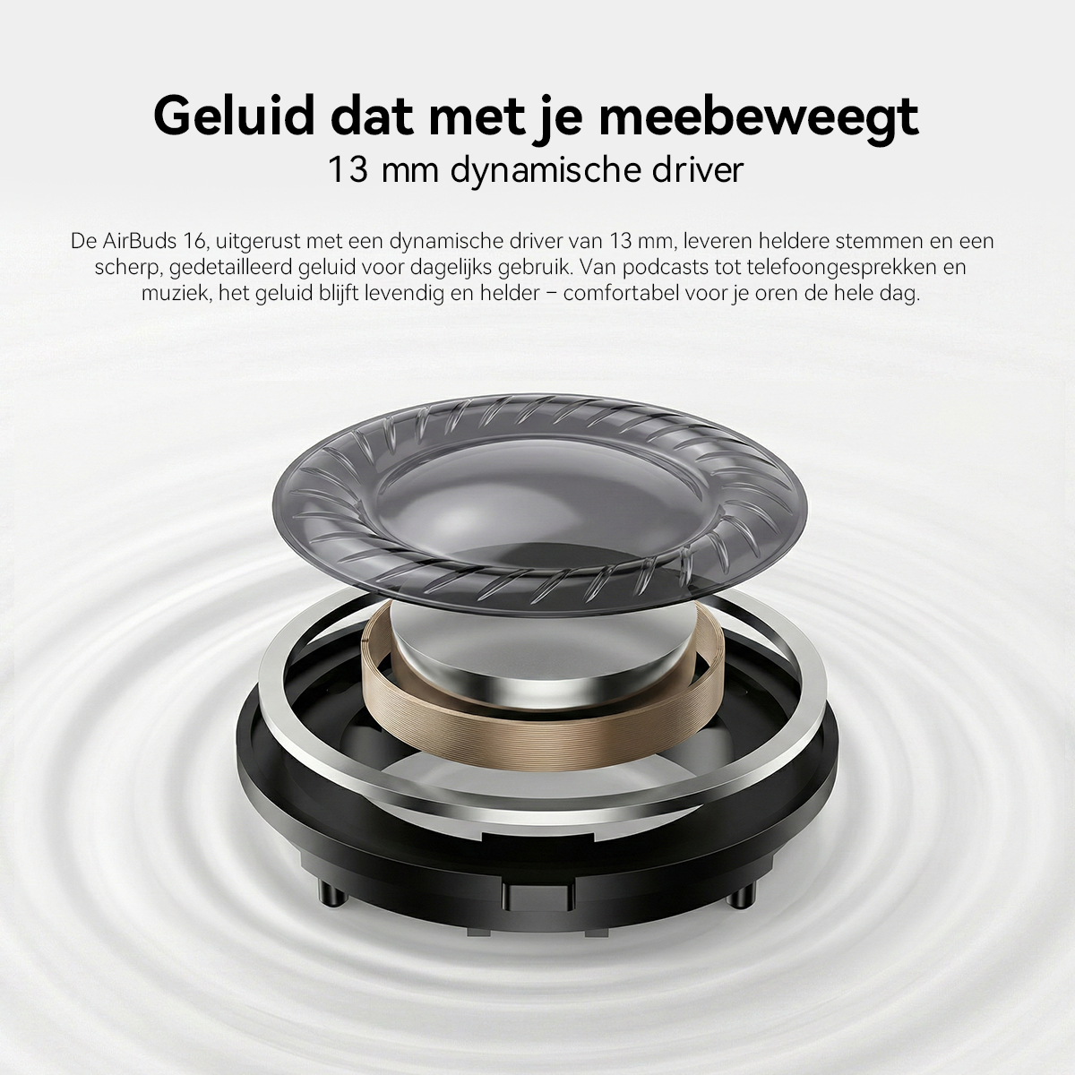 Explosietekening van een 13mm koptelefoondriver met transparant membraan.