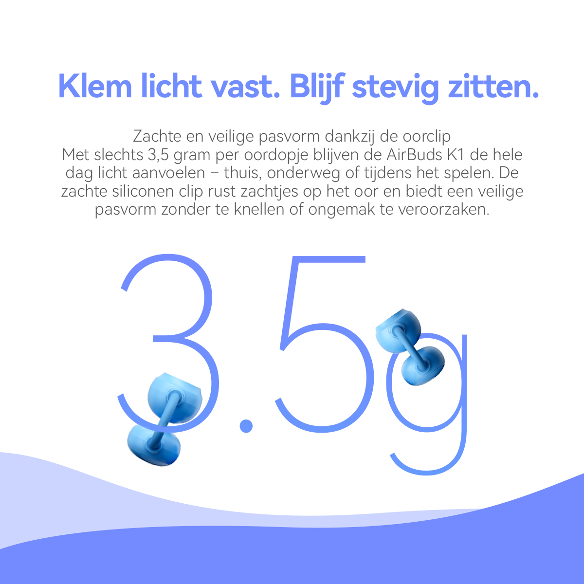 Blaue Ohrhörer wiegen 3,5g, mit Text über sicheren Sitz.