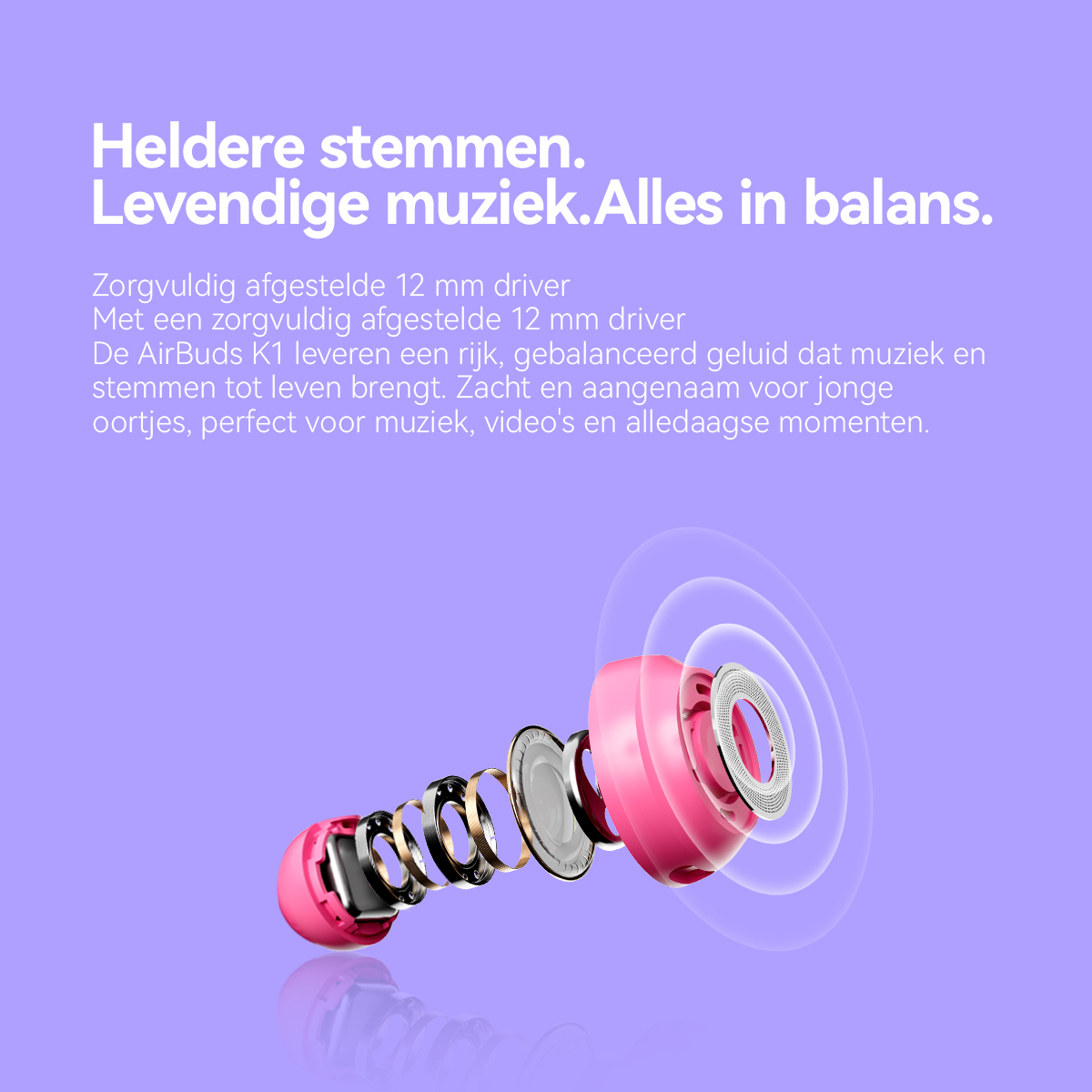 Explodierte Ansicht eines pinken Kopfhörers mit 12-mm-Treiber auf lila Hintergrund.