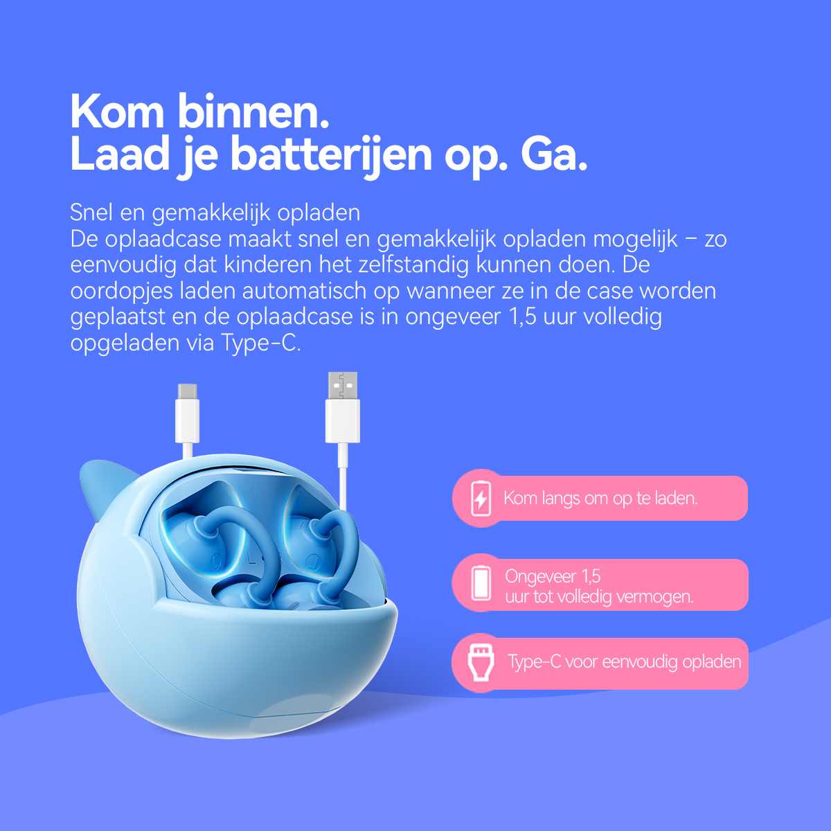 Ein blaues Ladeetui mit Ohrhörern und USB-C-Kabeln. Text auf Niederländisch.