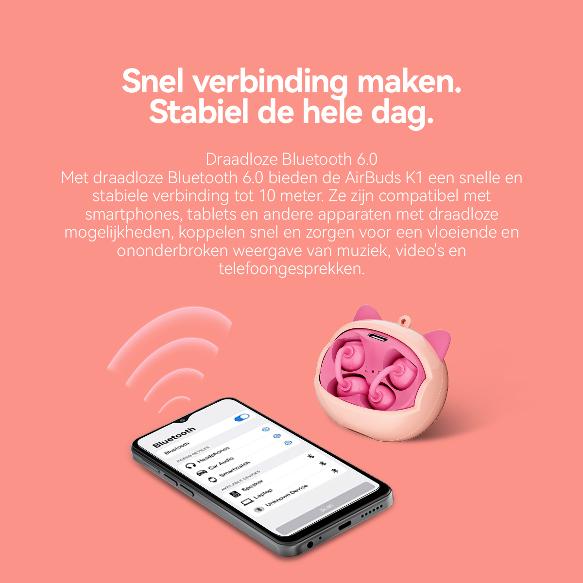 Ein Smartphone zeigt Bluetooth-Einstellungen mit rosa AirBuds daneben.