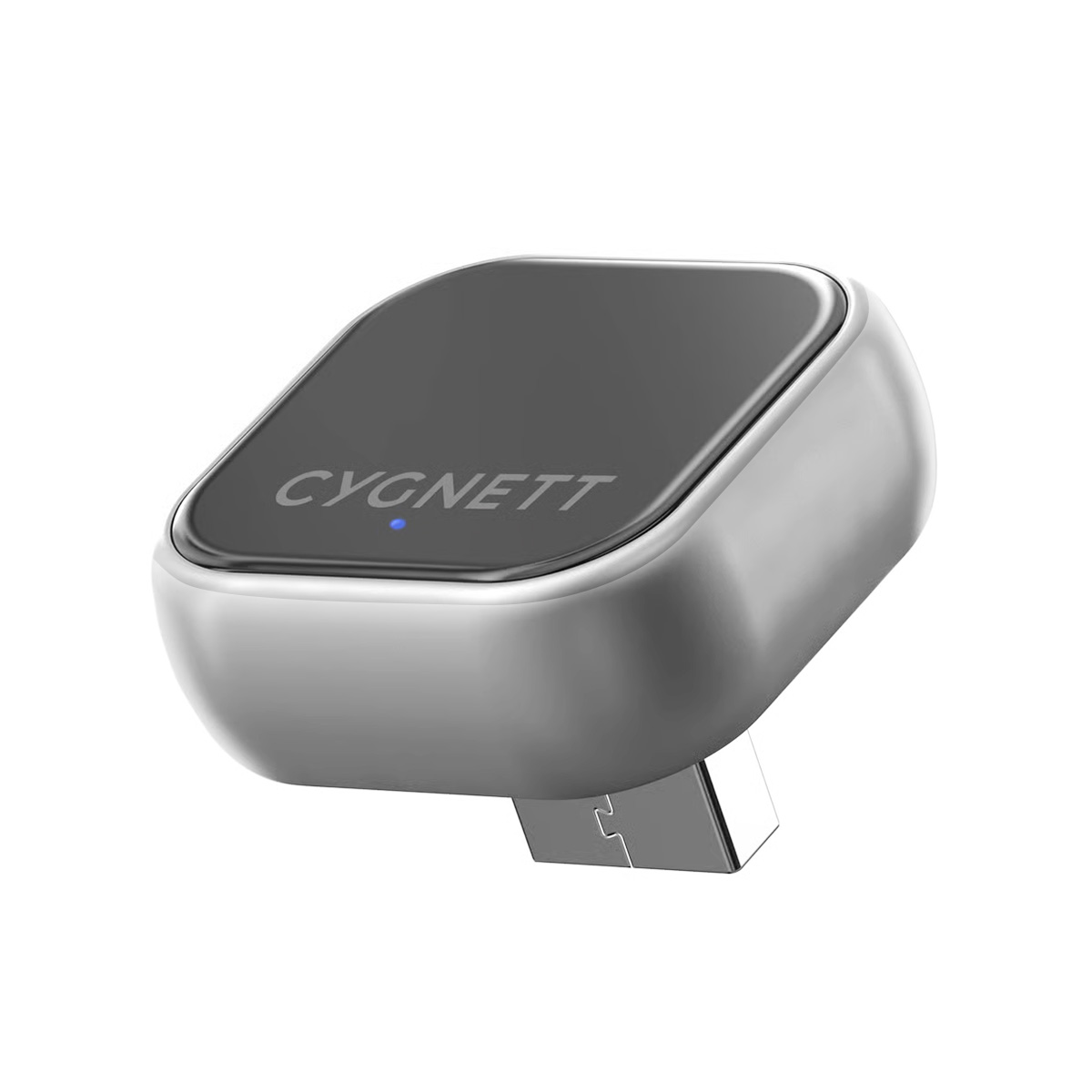 Cygnett-Logo auf einem silbernen USB-Adapter mit blauer Kontrollleuchte.