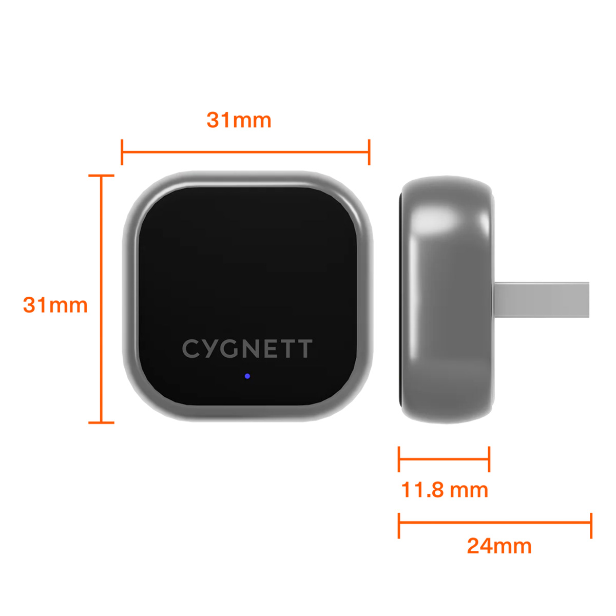 Ein schwarzer Cygnett-Adapter mit Maßen 31x31mm und 24x11,8mm.