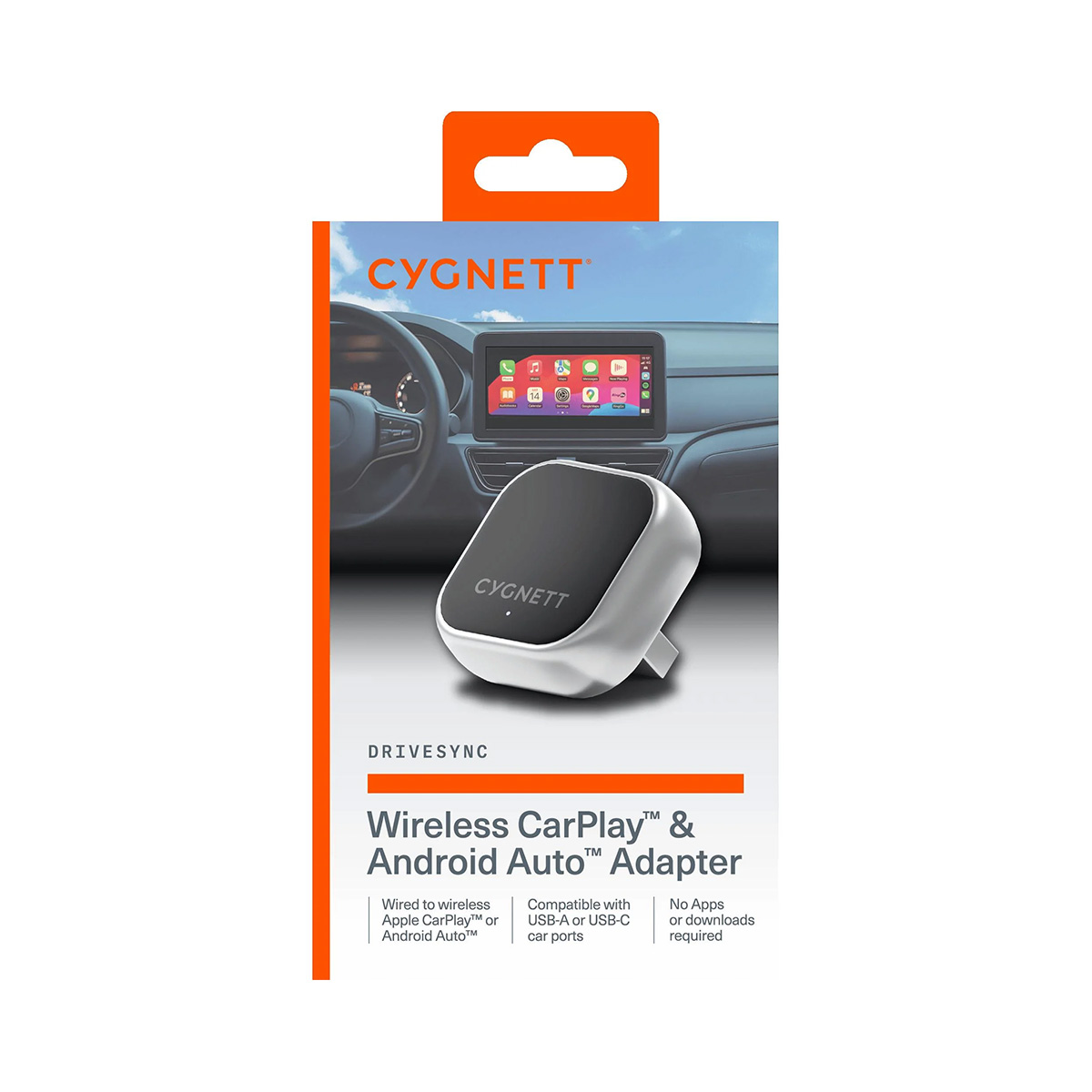Verpackung mit Cygnett Wireless CarPlay & Android Auto Adapter. Zeigt Auto-Innenraum und Gerät.