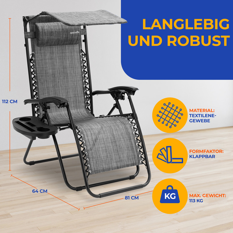 Grauer Liegestuhl mit Sonnendach, Getränkehalter und max. 113 kg.