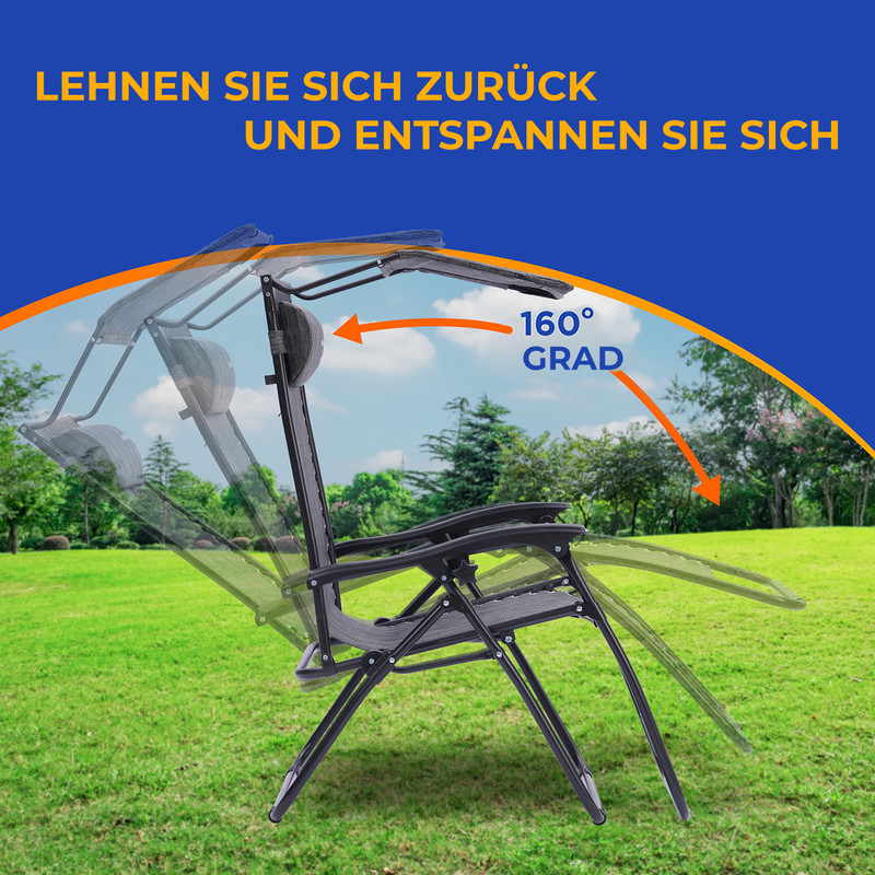Ein grauer Liegestuhl wird gezeigt, der sich bis zu 160 Grad zurücklehnen lässt.