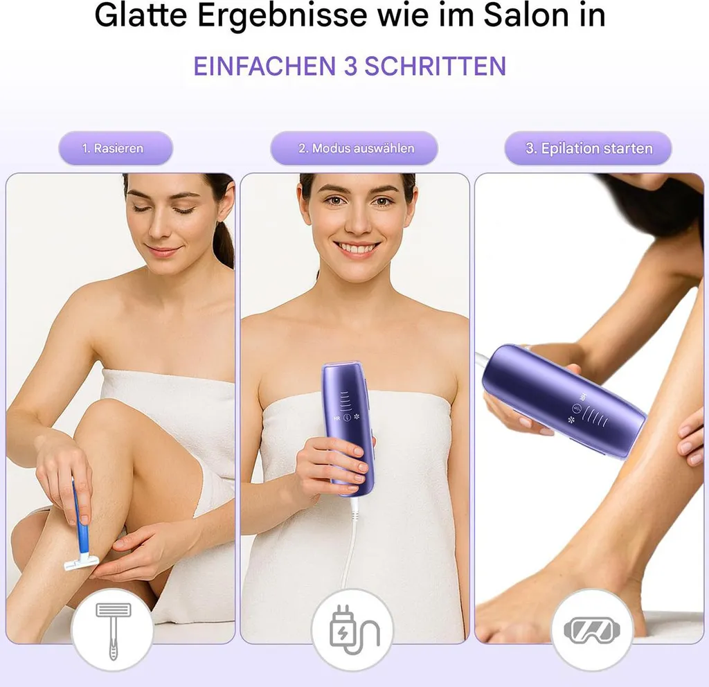 Drei Schritte zur Salon-glatten Haut: Rasieren, Modus wählen, Epilieren.