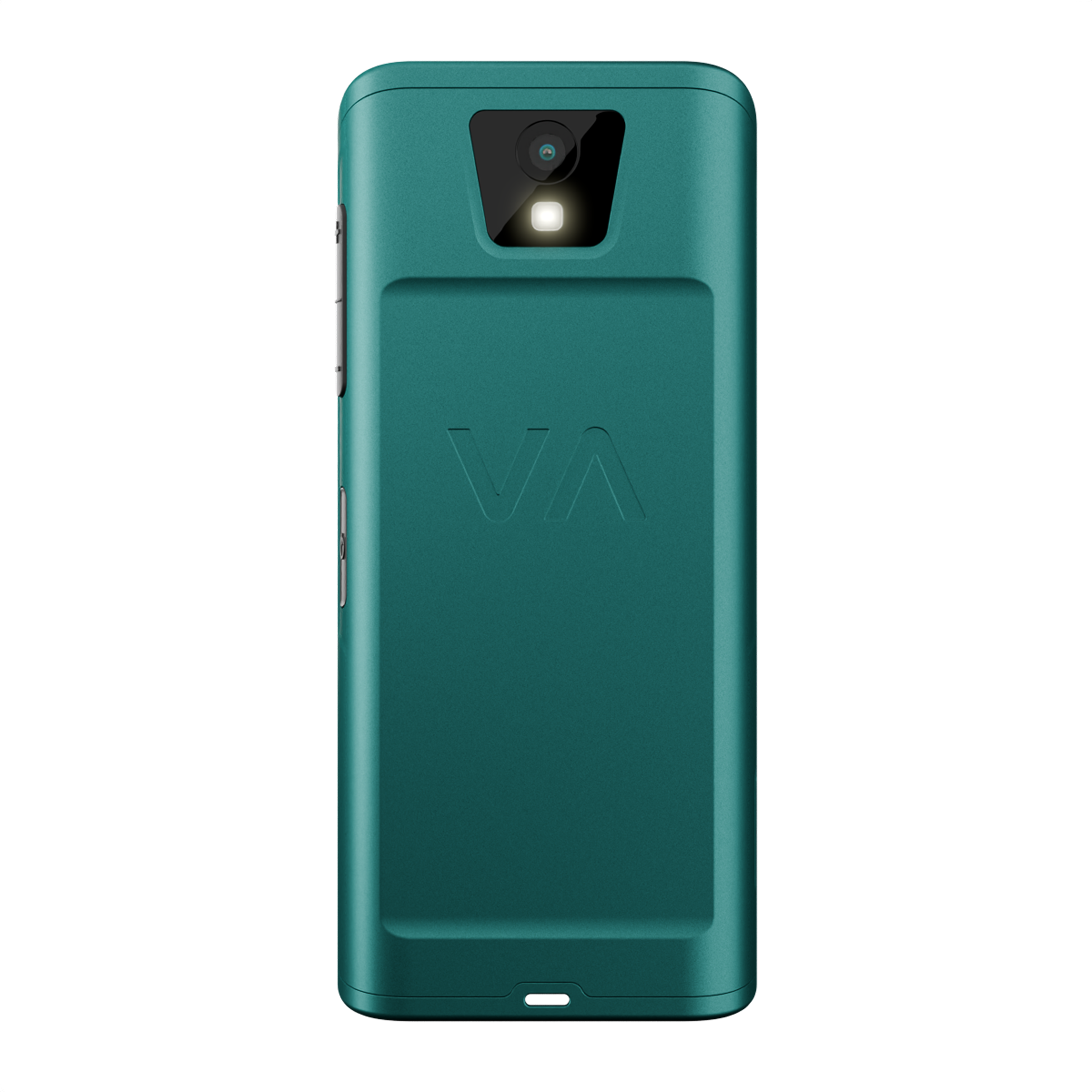 Vista trasera de un smartphone verde azulado con cámara y flash.