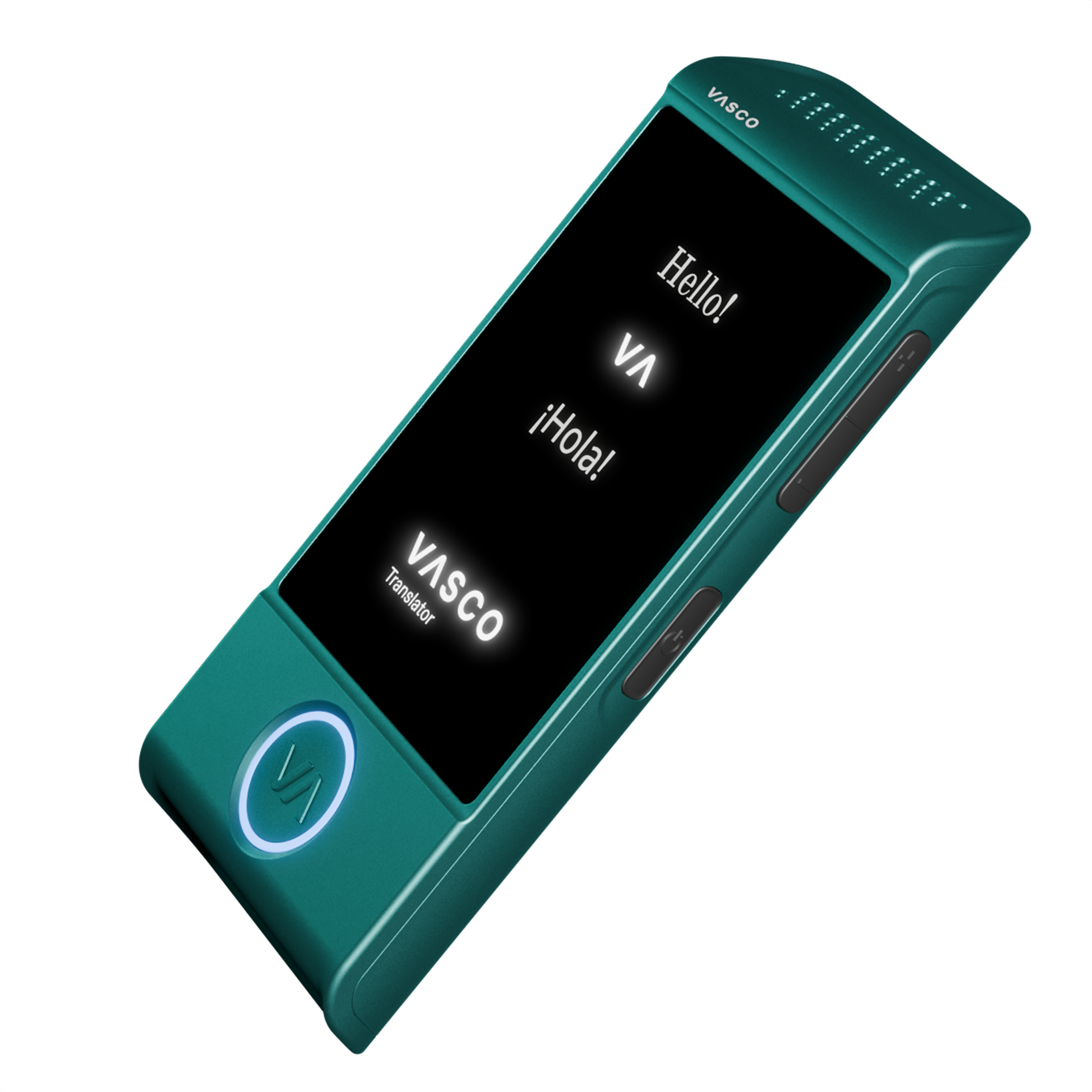 Un traductor Vasco color verde azulado con pantalla brillante que muestra "Hello!" y "¡Hola!".