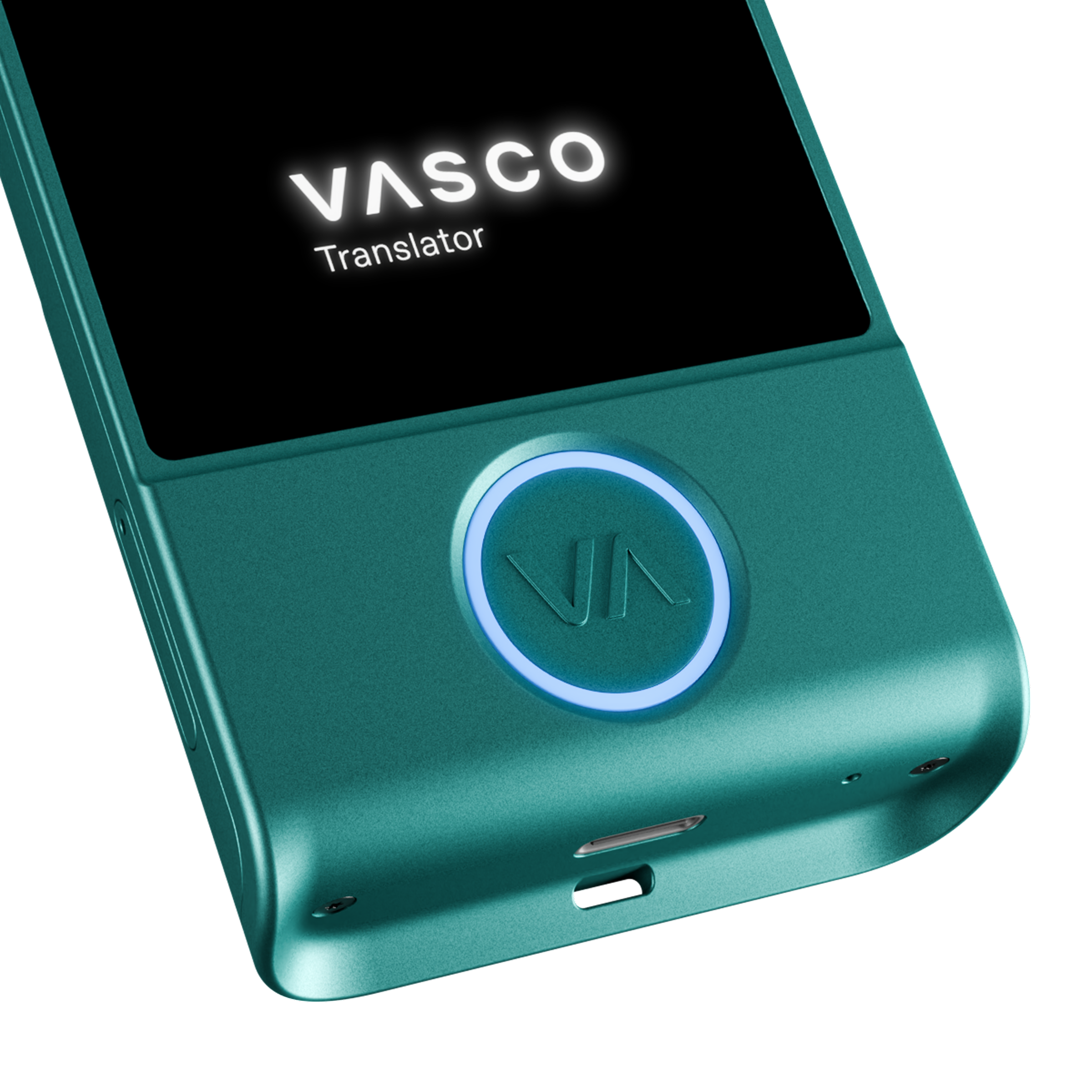 Un traductor Vasco turquesa con botón iluminado y pantalla negra.