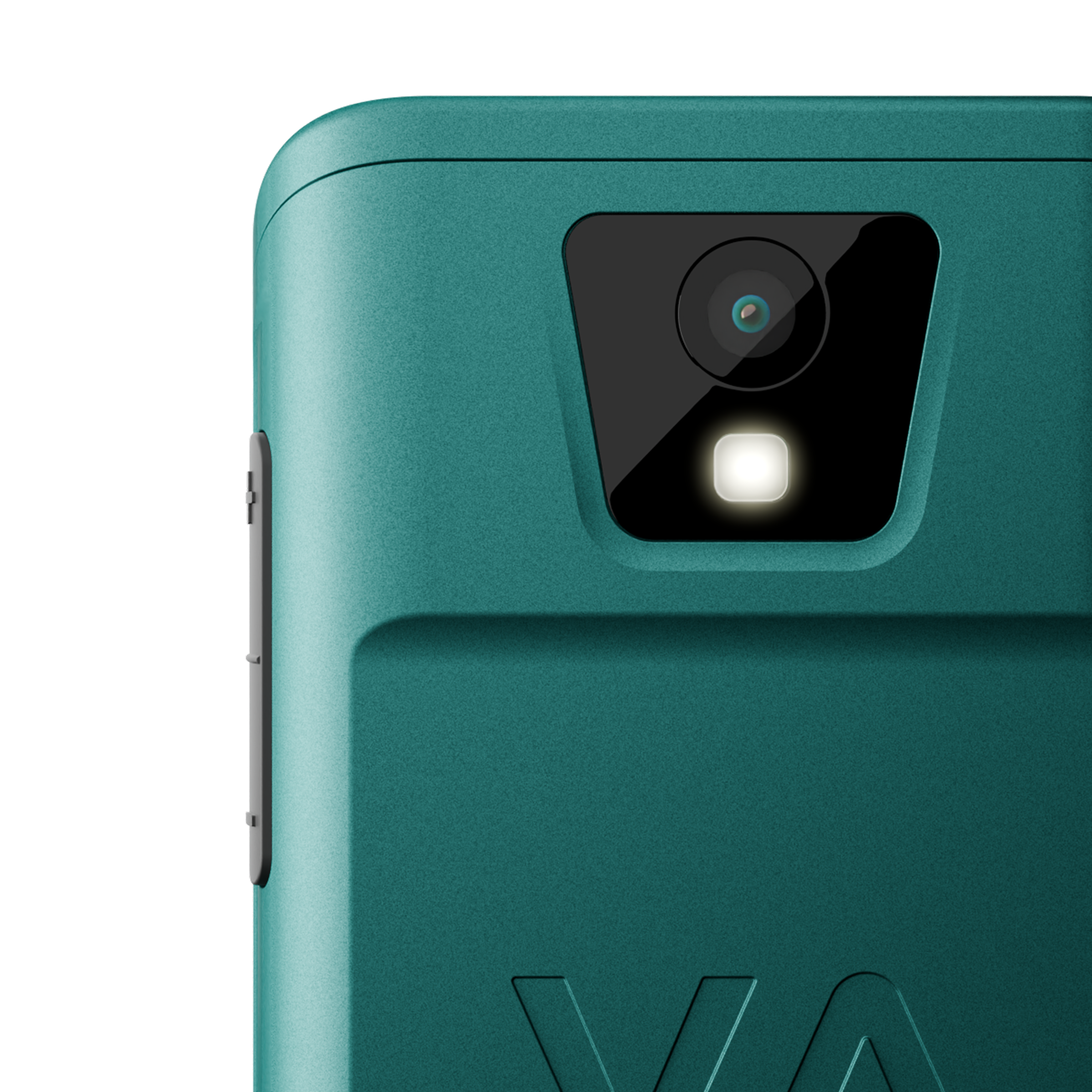 Reverso de un smartphone verde azulado con cámara y flash.