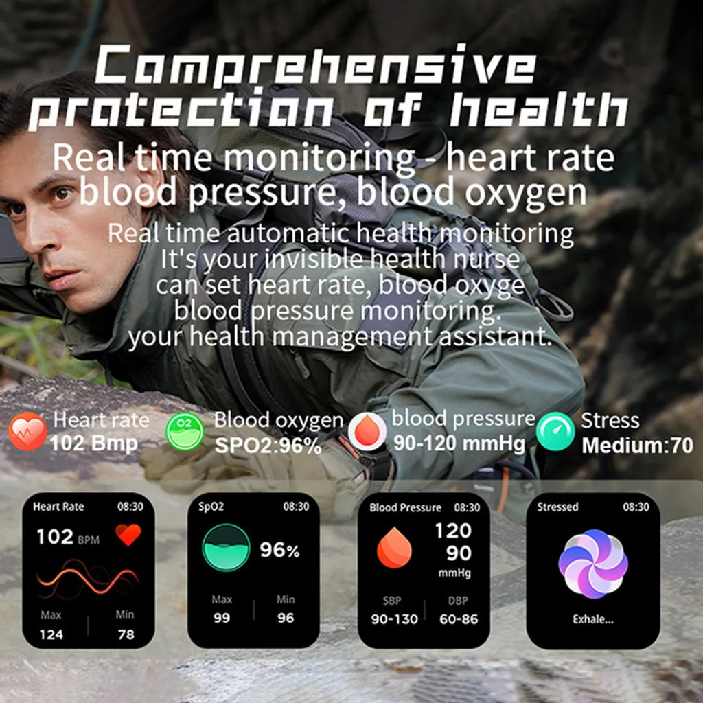 Mann mit Smartwatch, die Herzfrequenz, Blutzucker & Blutdruck anzeigt.