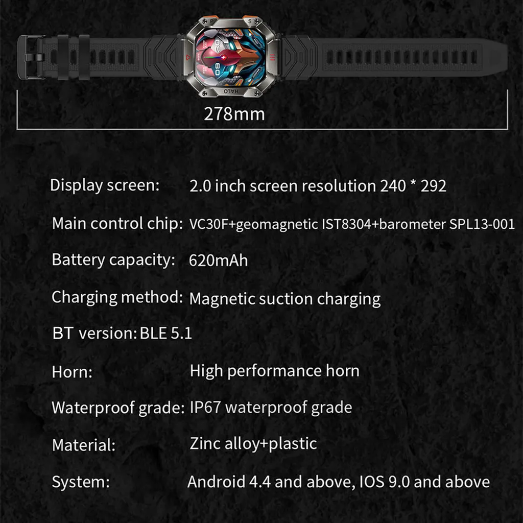 Smartwatch mit 2,0-Zoll-Display, 278 mm, IP67, Zinklegierung+Kunststoff.