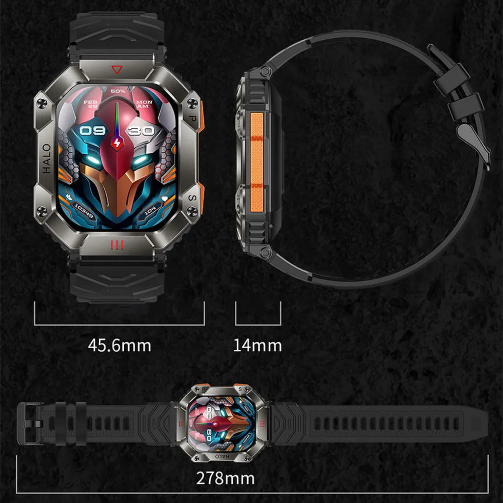 Eine Smartwatch mit futuristischem Design und buntem Display. Seiten- und Gesamtansicht.
