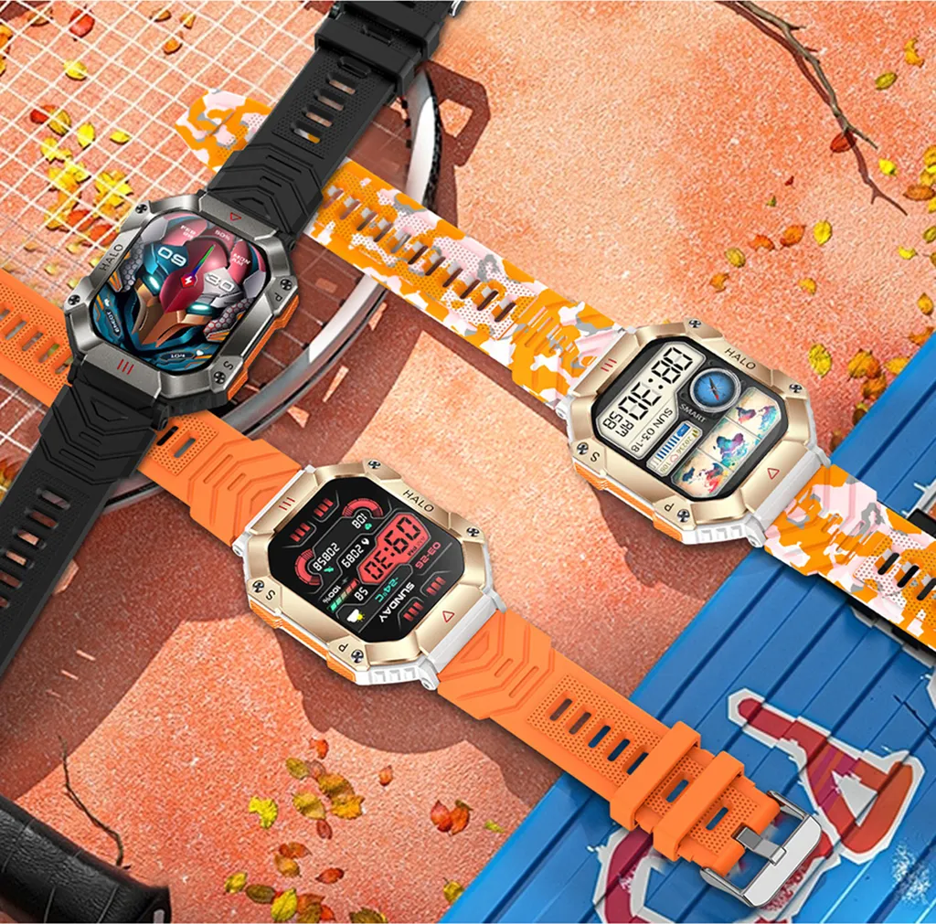 Drei Smartwatches mit bunten Armbändern auf einer Oberfläche.