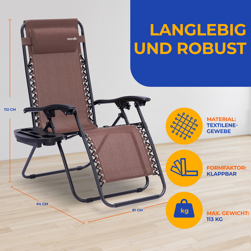 Brauner Liegestuhl mit Kissen, Getränkehalter und Maßen. Langlebig & Robust.