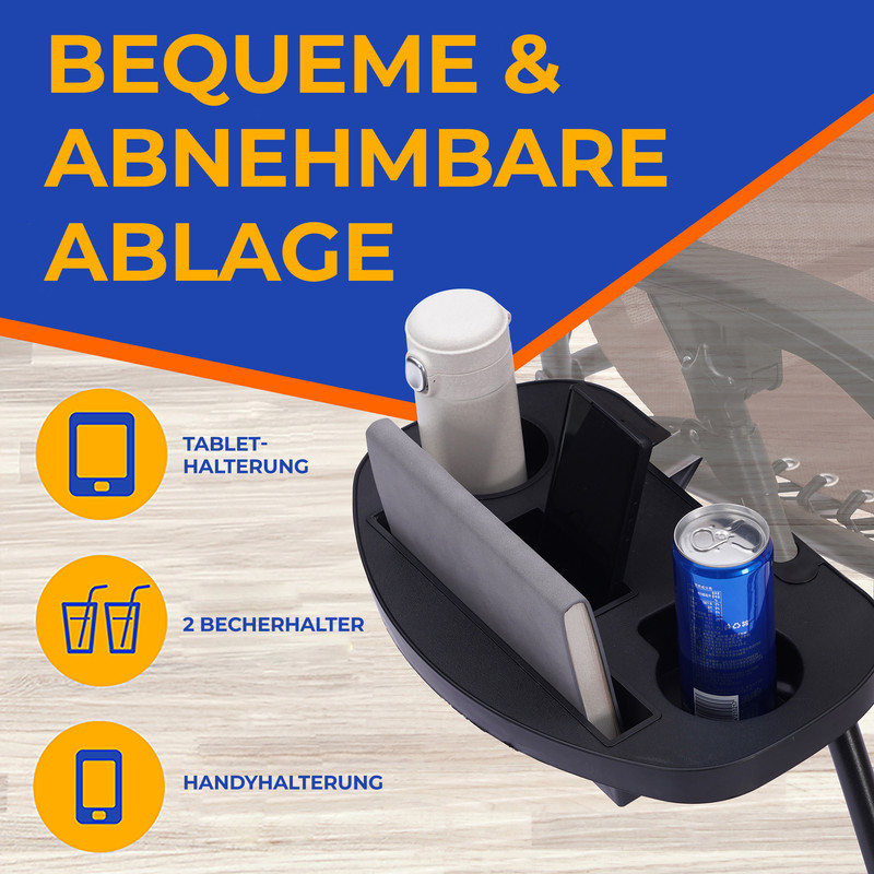 Abnehmbare Ablage mit Halterungen für Tablet, Handy und Becher.