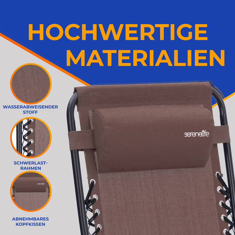 Brauner Liegestuhlstoff Nahaufnahme mit Text: hochwertige Materialien.