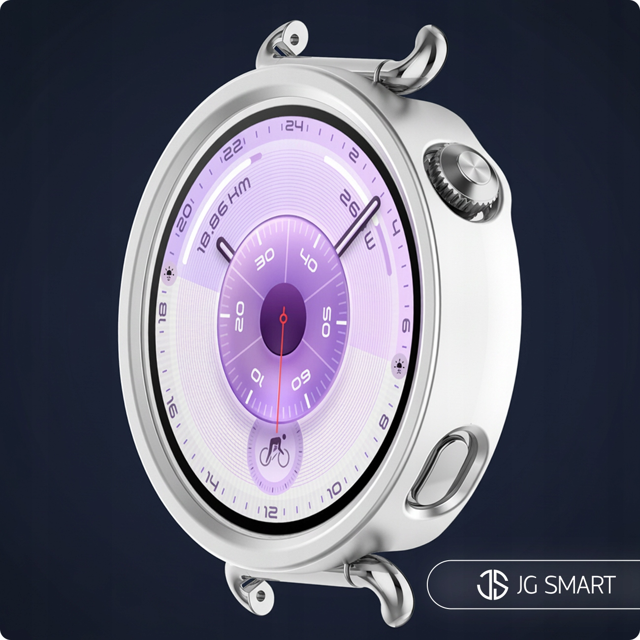 Srebrny smartwatch z fioletową tarczą i ikoną roweru.