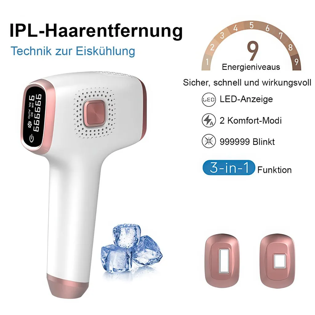 Ein weißer IPL-Haarentfernungsapparat mit Roségold-Akzenten, Eiswürfeln und Bedienungsanleitung.