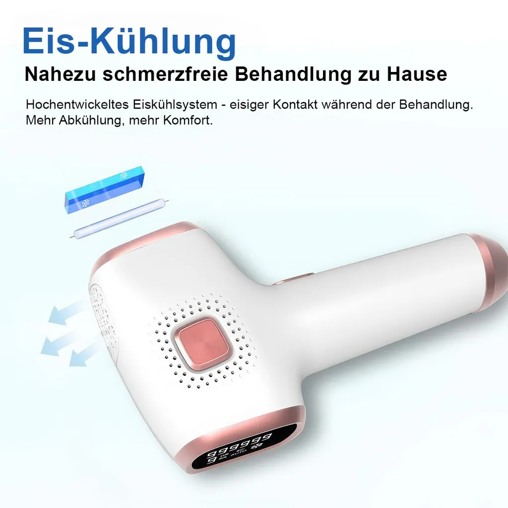 Ein weißes IPL-Haarentfernungsgerät mit roségoldenen Akzenten, Eis-Kühlsystem.