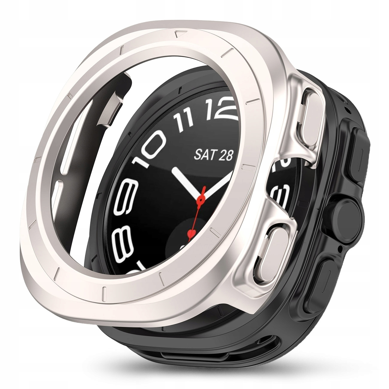 Srebrny pierścień ochronny nałożony na czarny smartwatch z białym cyferblatem.