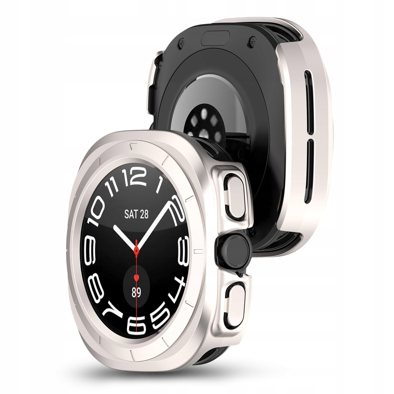 Srebrny smartwatch z czarną tarczą, datą i pulsometrem.