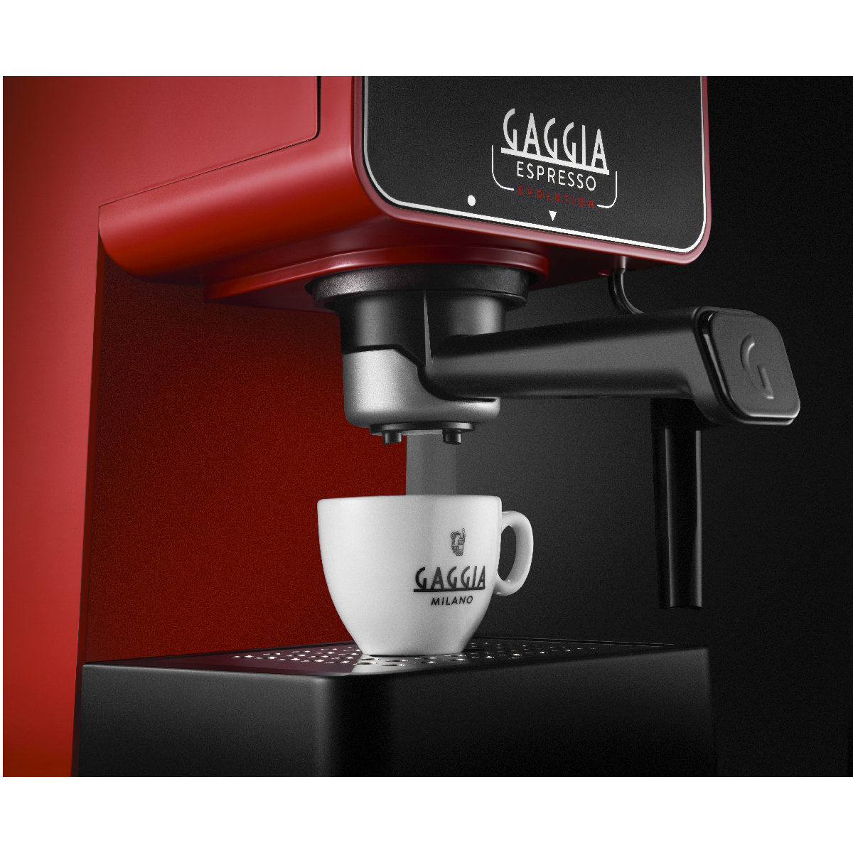 Eine rote Espressomaschine brüht Kaffee in eine weiße Tasse.