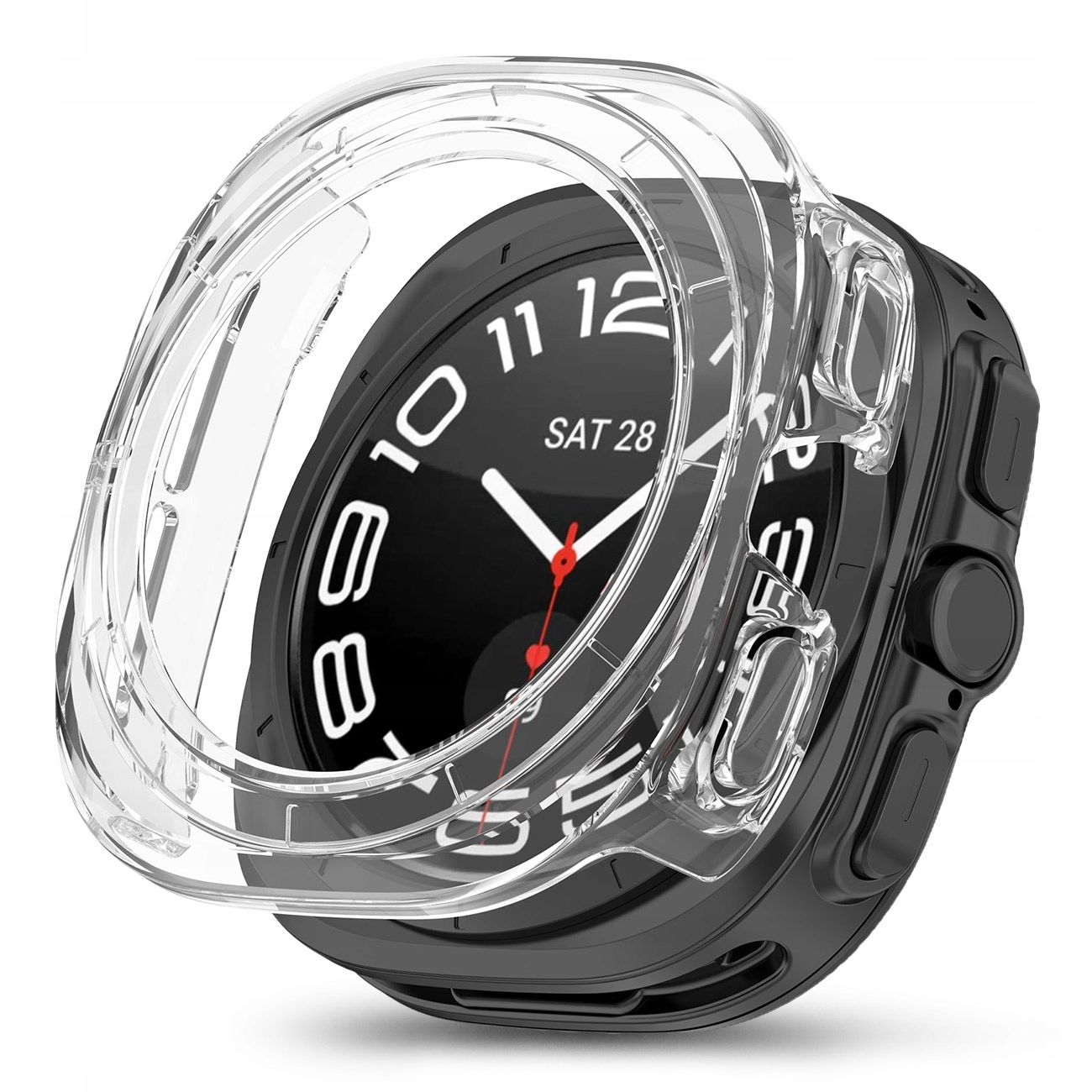 Czarny smartwatch z przezroczystą obudową ochronną, pokazuje godzinę