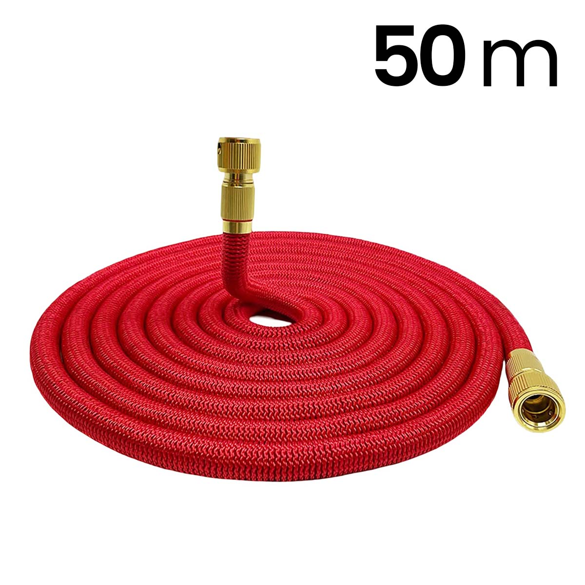 Roter Gartenschlauch, 50m, aufgerollt mit Messinganschlüssen.