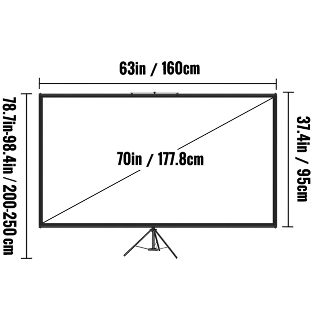 Leinwand mit Maßen 160x95cm, Diagonale 177,8cm, Höhe 200-250cm.