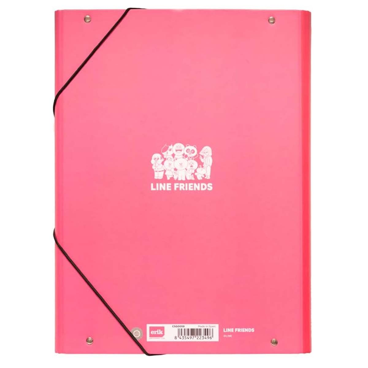 Ein pinker Ordner mit einer schwarzen Gummibandbindung und LINE FRIENDS-Figuren.