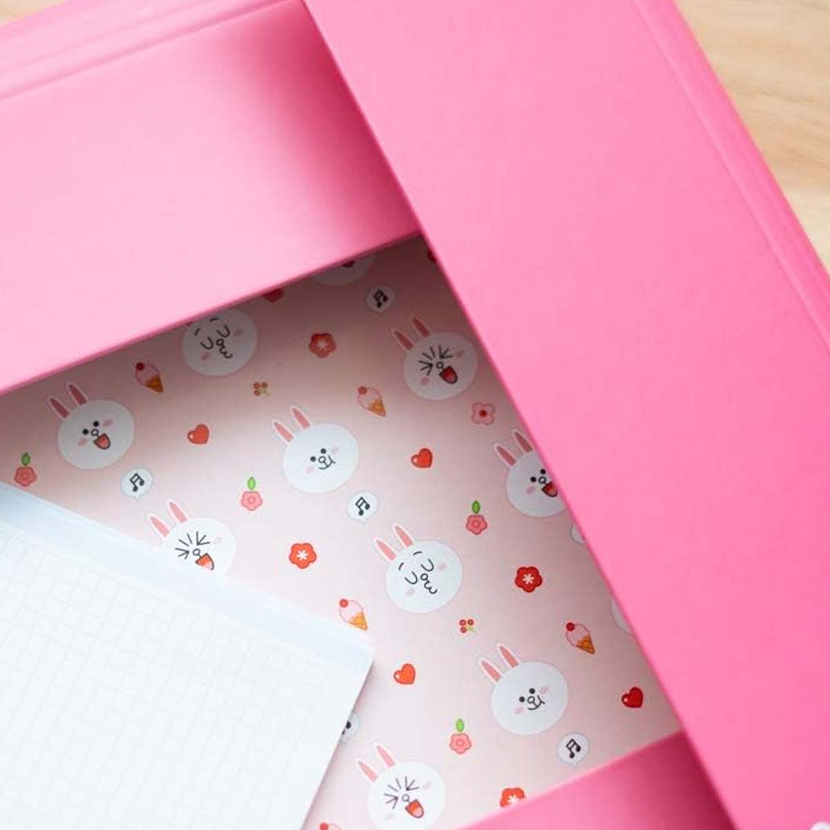 Ein rosa Ordner mit Hasen, Eis, Herzen und Blumen auf rosa Papier.
