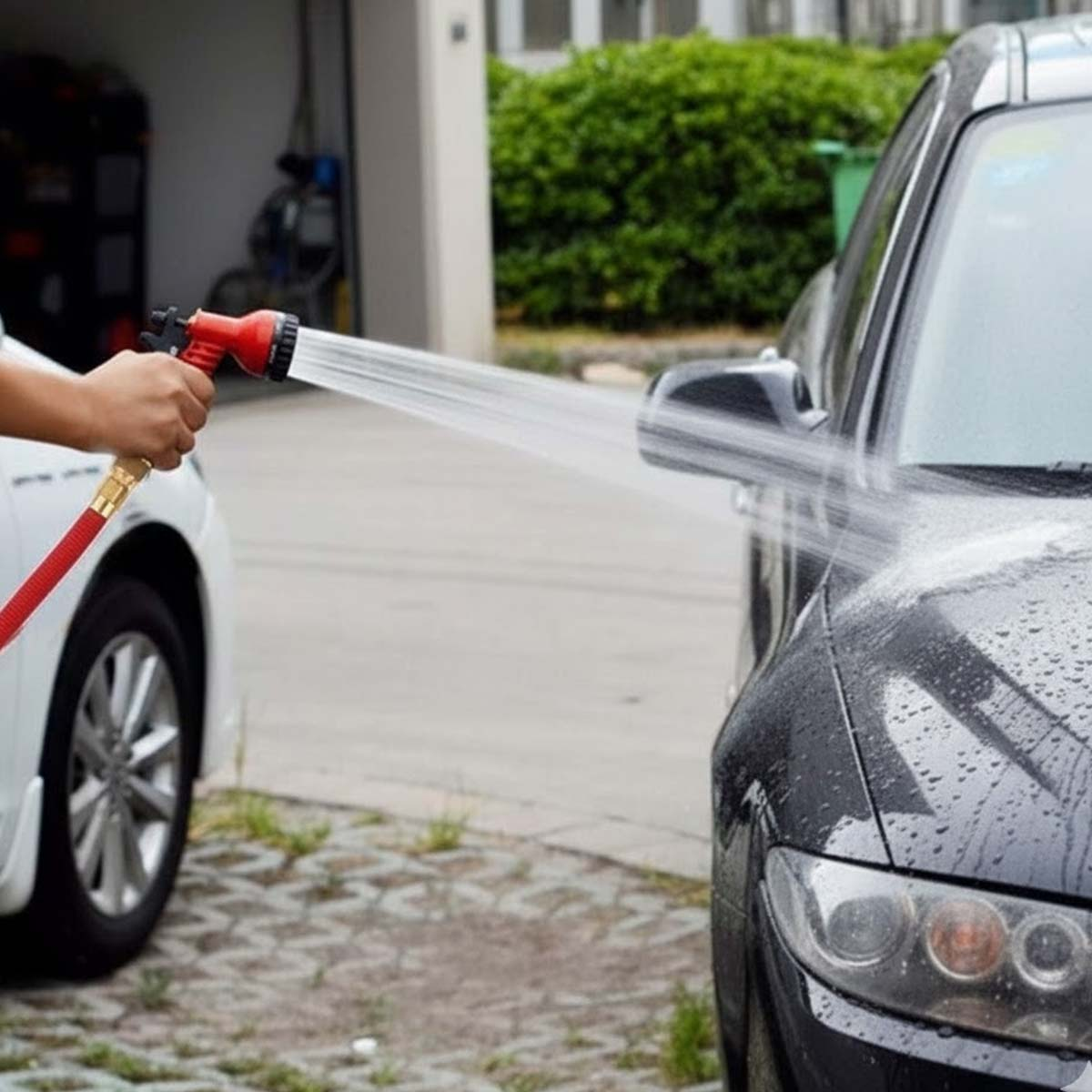 Hand sprüht Wasser aus rotem Schlauch auf schwarzes Auto neben weißem Auto.