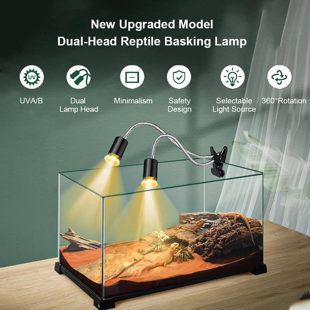 Ein doppeltes Reptilien-Basking-Lampen-Setup über einem Terrarium mit Eidechsen.