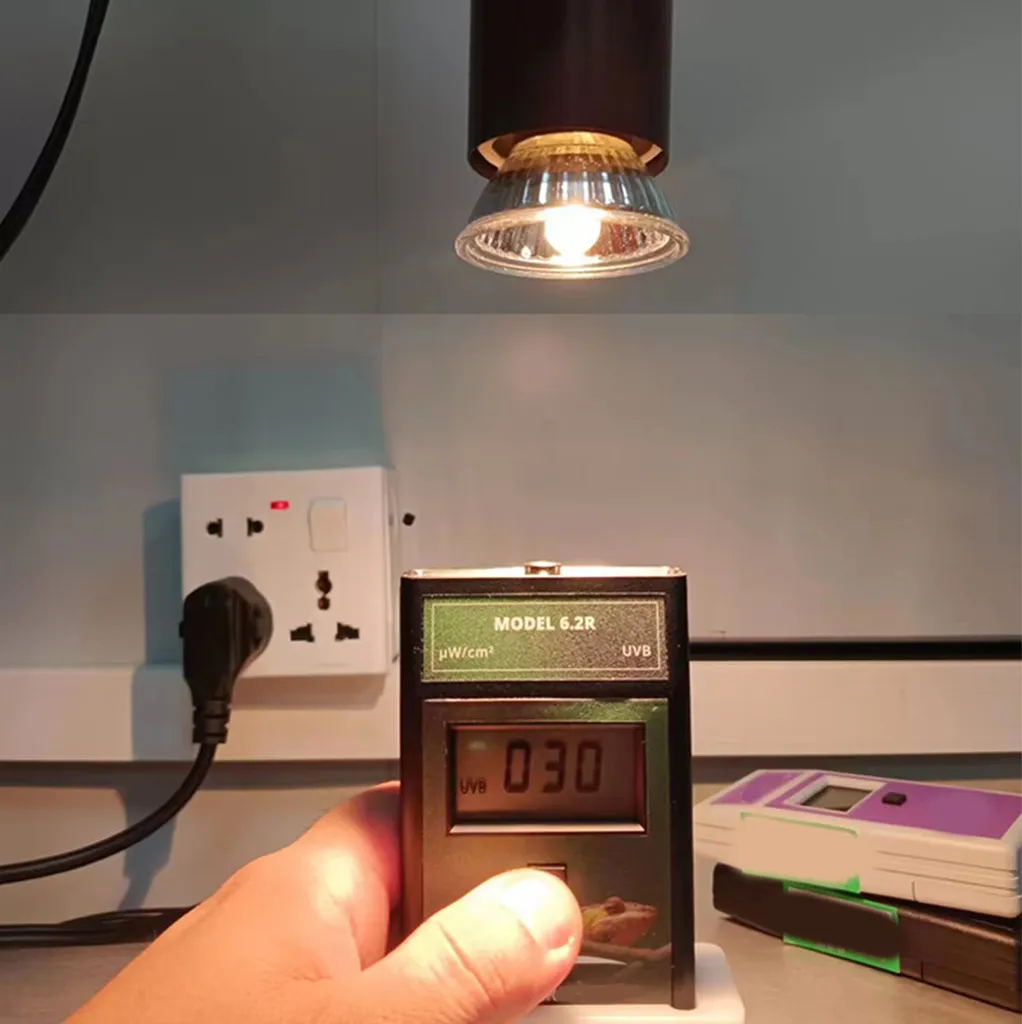 Ein UVB-Messgerät mit der Anzeige 0.30 wird von einer Hand gehalten.