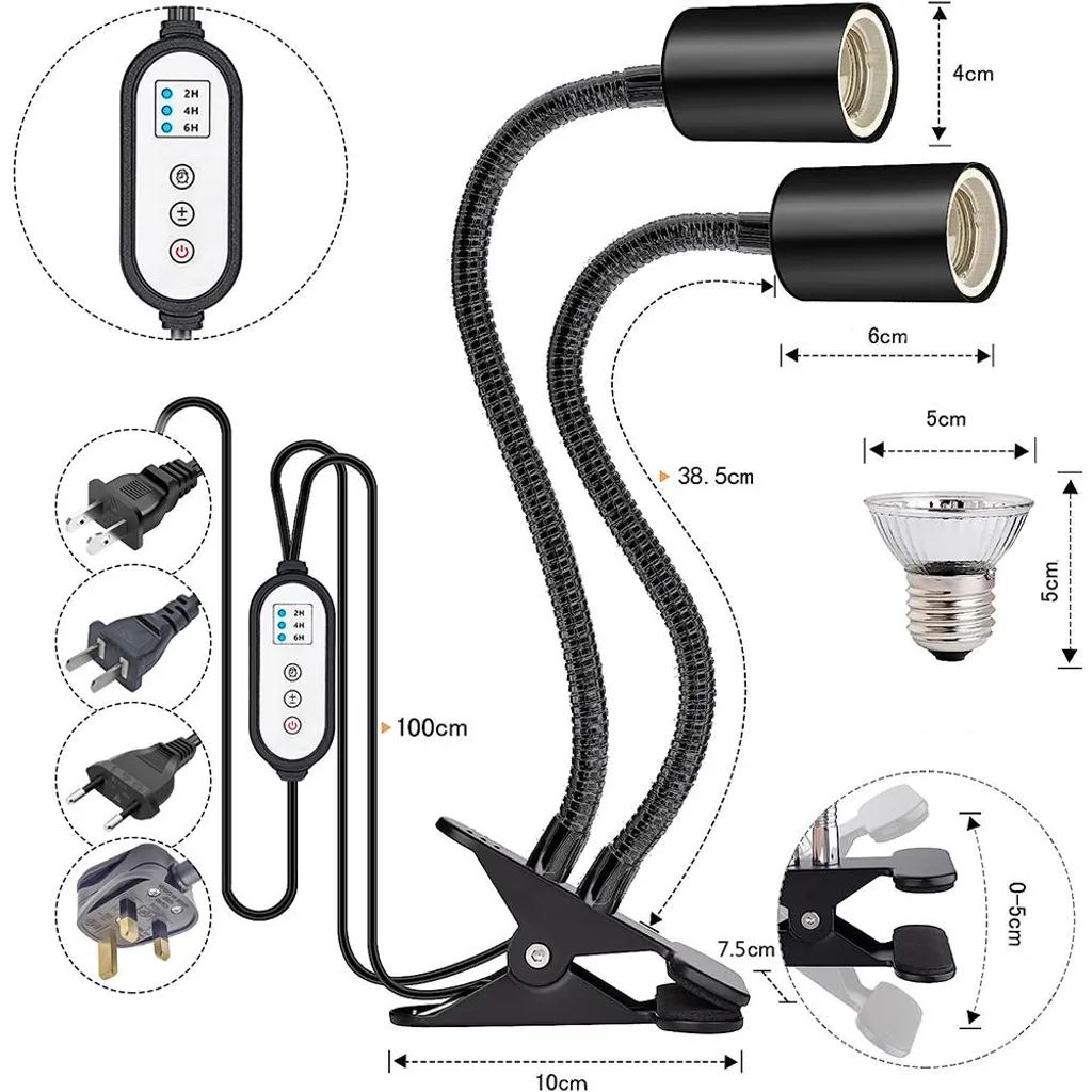 Ein zweiteiliger Lampenhalter mit Klemme, flexiblen Armen, Steuerung und Netzsteckern.