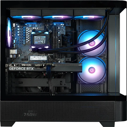 Im Inneren eines PC-Gehäuses: GPU, CPU-Kühler mit Bildschirm, Lüfter mit RGB. Schwarzes Gehäuse.